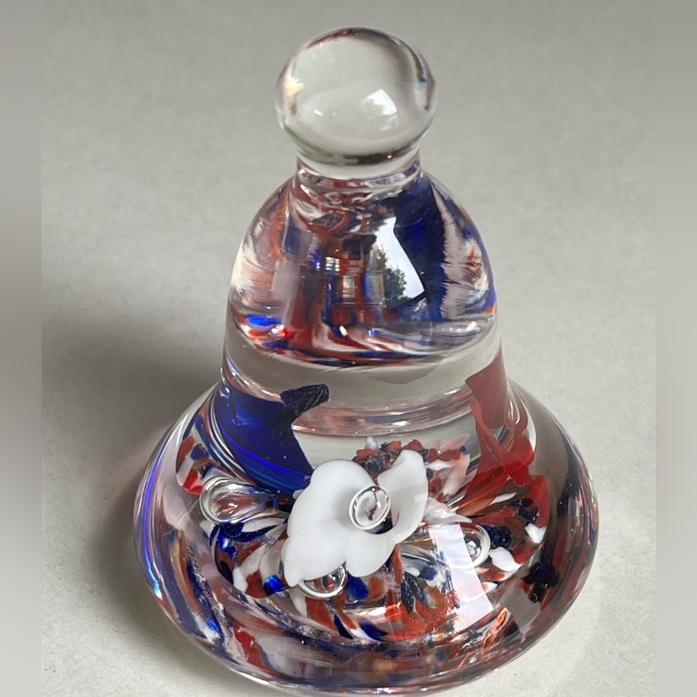 Joe Rice Vintage ‘93  Bell Shaped Glass Paperweight. Clear Red White Blue